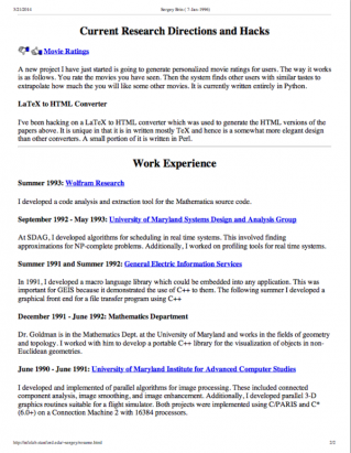Google 創辦人賽吉．布林（Sergey Brin）在史丹佛大學博班時期（1996）的線上簡歷