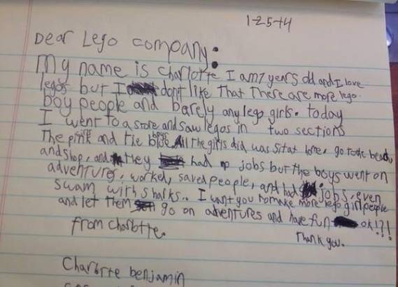 7歲小女孩寫了一封措辭懇切，不是很長但能夠引人深省的信，希望樂高公司不要有性別刻板印象的問題