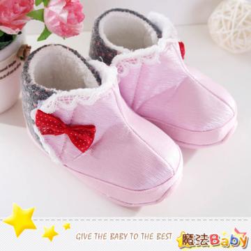 魔法Baby~【KUKI酷奇】甜美蝴蝶結飾蕾絲雪靴寶寶鞋/學步鞋(粉紅/灰)~女童鞋~sh1238