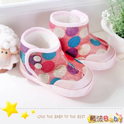 魔法Baby~【KUKI酷奇】糖果色大圓點內絨毛雪靴寶寶鞋/學步鞋(粉紅)~sh1276