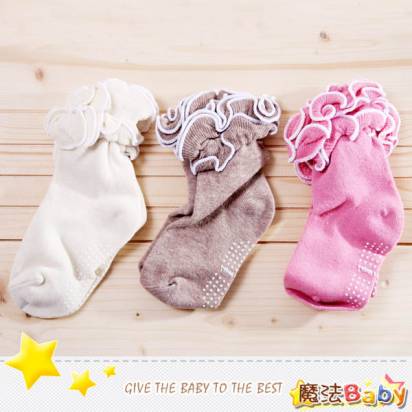 魔法Baby~荷葉邊女童防滑棉襪(3雙一組)~嬰幼兒用品~時尚設計~k25118