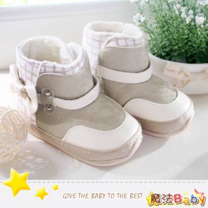 魔法Baby~【KUKI酷奇】英倫格紋柔奈雪靴寶寶鞋/學步鞋(灰/米白)~時尚設計童鞋~sh1344