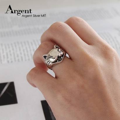 【ARGENT銀飾】動物系列「 開心貓」純銀戒指(染黑款)