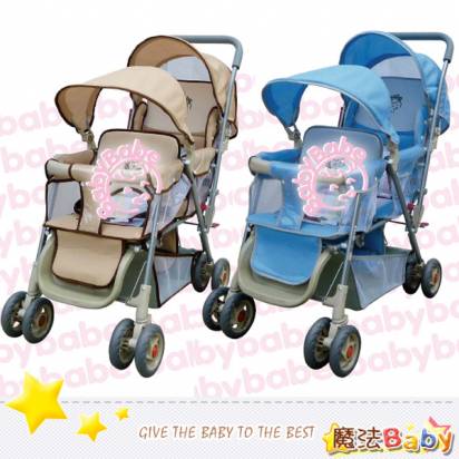 魔法Baby~台灣製造雙人推車(卡其.藍兩款)~嬰幼兒用品~tb328