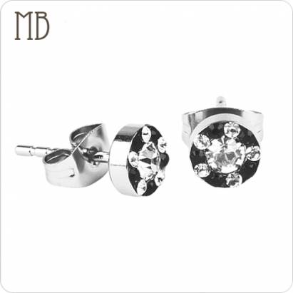 【MB流行鋼飾】美鑽系列「繽紛(圓)(白+黑)(6M)」白鋼耳環