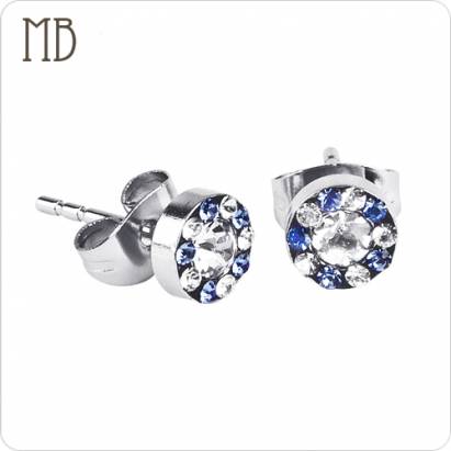 【MB流行鋼飾】美鑽系列「繽紛(圓)(白+藍)(6M)」白鋼耳環