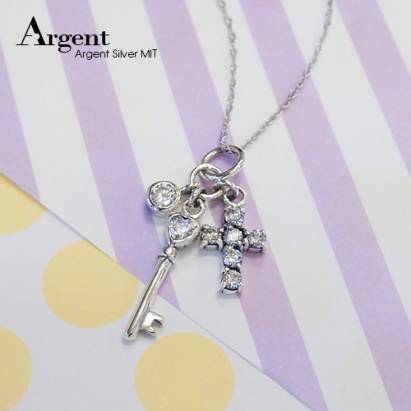 【ARGENT銀飾】晶鑽系列「十字心鑰(白)」純銀項鍊