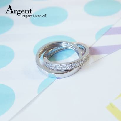 【ARGENT銀飾】微鑲鉑銀閃亮系列「閃耀雙環(白K金)」純銀戒指