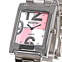 Bethoven 日光時尚-四方格大數字款腕錶（粉紅）