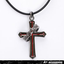 A+ accessories 紅色禮讚-暢銷皮繩十字戒指組合項鍊(黑色)
