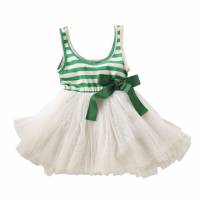 綠白-橫條蓬蓬裙連身洋裝