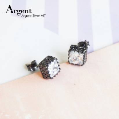 【ARGENT銀飾】單鑽系列「黑色-方鑽-皇冠耳環」純銀耳環