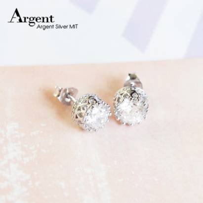 【ARGENT銀飾】單鑽系列「白K金-圓鑽-皇冠耳環」純銀耳環