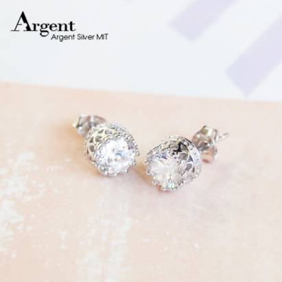 【ARGENT銀飾】單鑽系列「白K金-圓鑽-皇冠耳環」純銀耳環