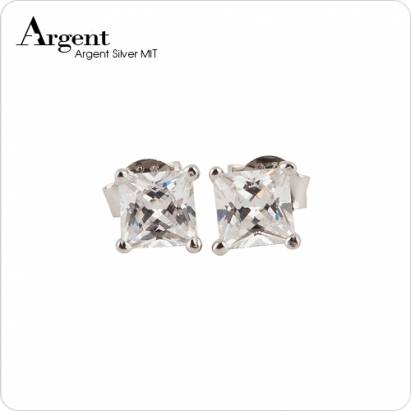 【ARGENT銀飾】單鑽系列「簡約方鑽(白鑽)(白K金)」 純銀耳環