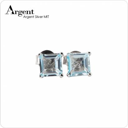 【ARGENT銀飾】單鑽系列「簡約方鑽(淺藍鑽)(白K金)」 純銀耳環