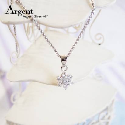 【ARGENT銀飾】迷你系列「雪晶花漾(白K金)」純銀項鍊+耳環(套組)
