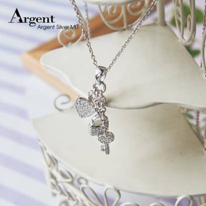 【ARGENT銀飾】微鑲鉑銀閃亮系列「真愛鎖鑰(白K金)」純銀項鍊