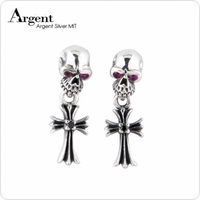  【ARGENT銀飾】造型系列「骷髏十字」純銀耳環 (紅眼) 