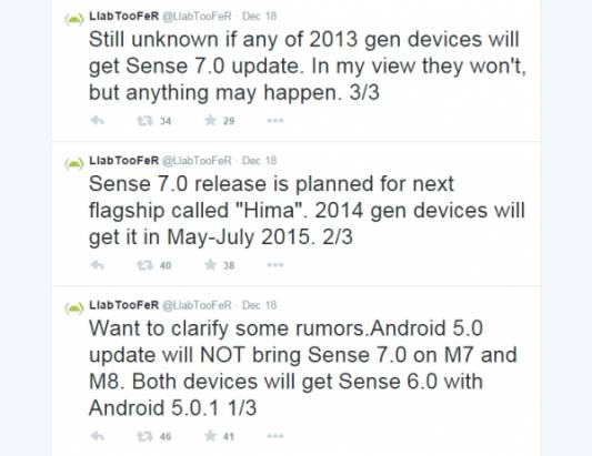 2014 年度 HTC 主力機種將先升級 Android 5.0 ，至於 Sencse 7 則要等到明年五月